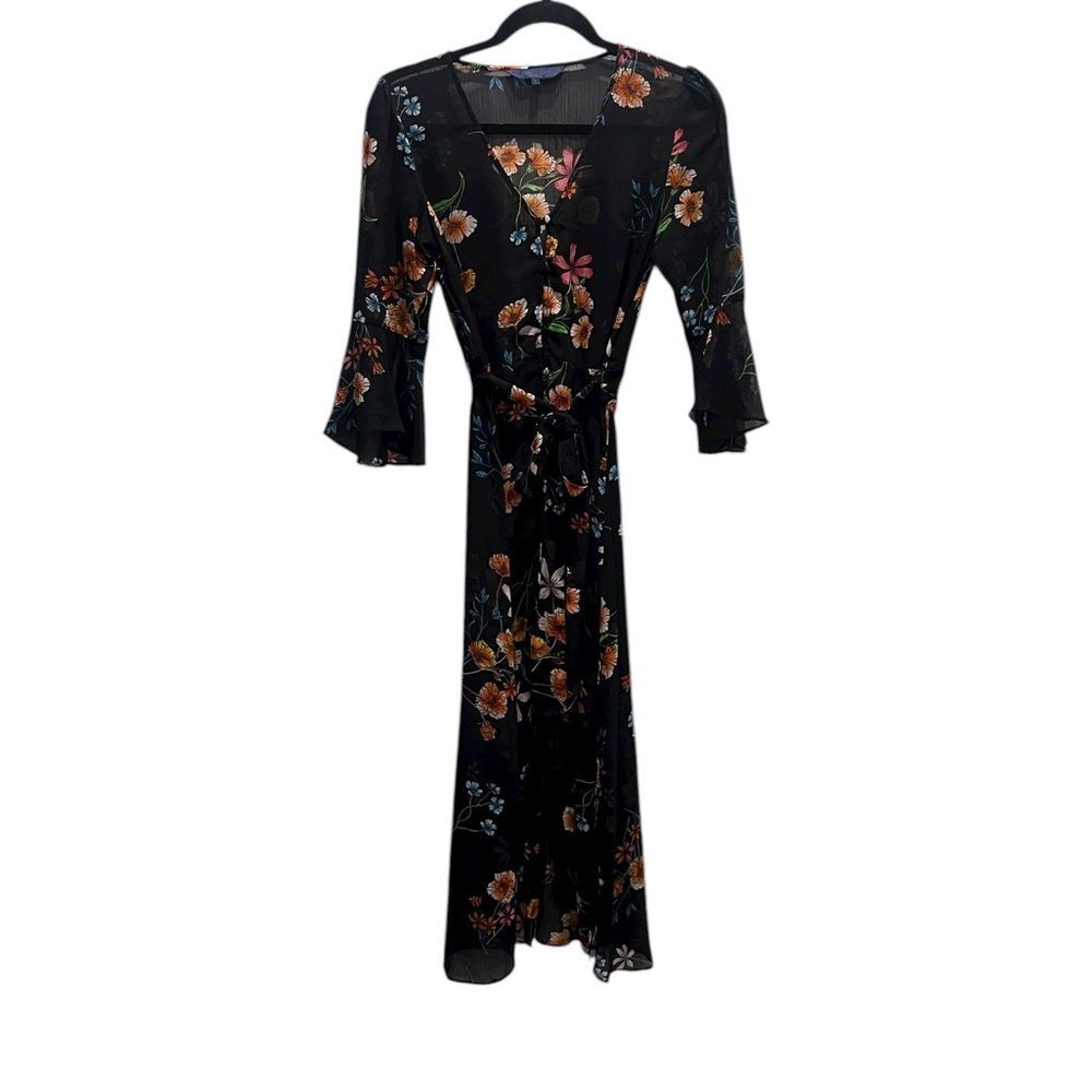 Rachel Zoe Sheer Black Duster Dress with Floral Accents Small